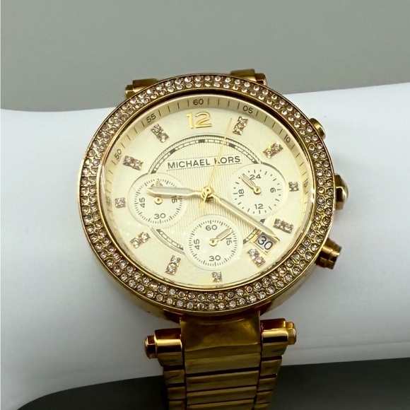 Michael Kors Gold Crystal Embellished Chronograph Watch - Picture 1 of 10